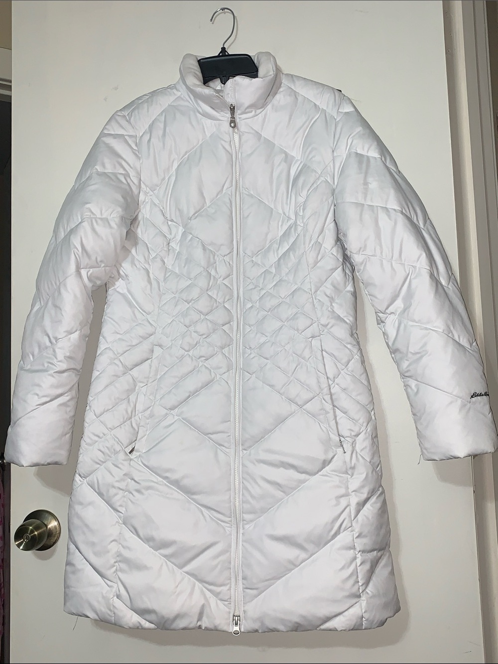 Eddie Bauer White Quilted Long Puffer Jacket